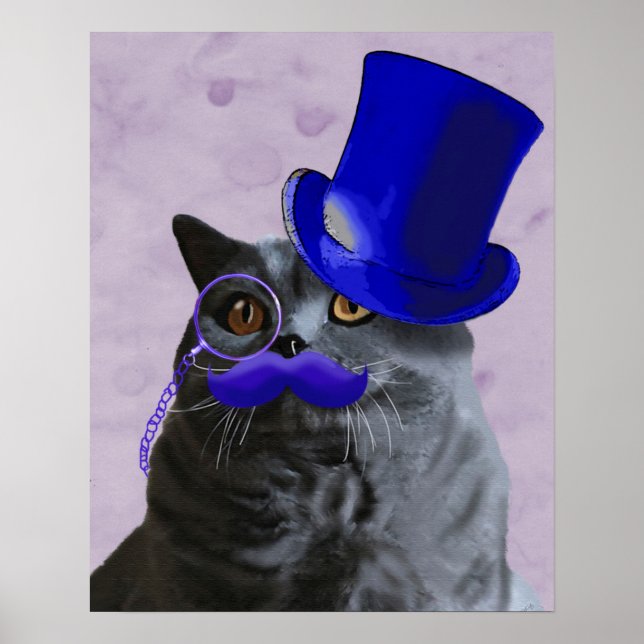 Póster Gato de cinza com bigode azul superior e bigode (Frente)