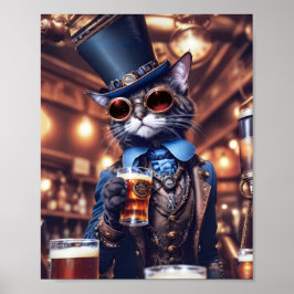 Poster Gato de cinza com chapéu, óculos, cerveja -