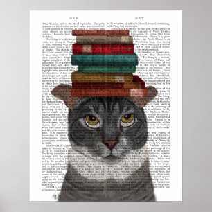 Poster Gato de Cinza com Livros na Cabeça