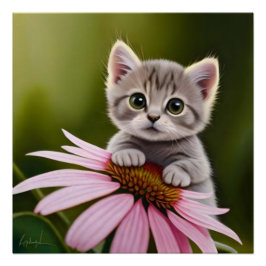 Póster Gato-de-cinza fofo e floral