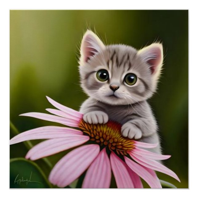 Póster Gato-de-cinza fofo e floral (Frente)