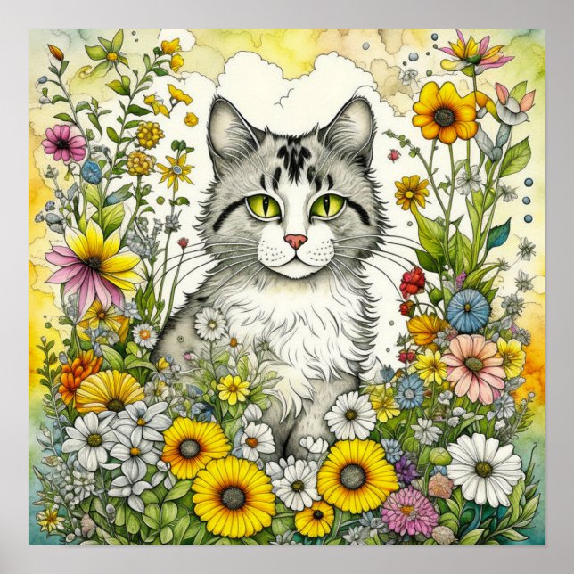 Poster Gato de cinza sentado em flores (Frente)