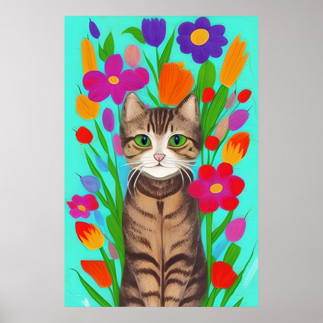 Poster Gato de Cinzas Bonitas com Flores Coloridas (Frente)