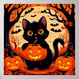 Poster Gato de desenho animado e abóboras sob a lua cheia