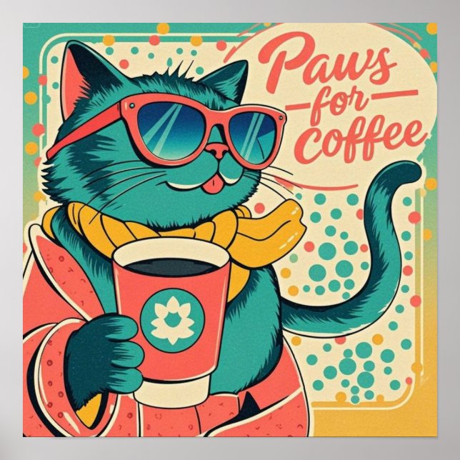 Poster Gato de desenho animado estilo retrô usando óculos (Frente)