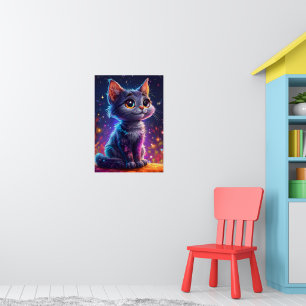 Poster Gato de Desenho Animado Fofo Céu Estrelado Noite S