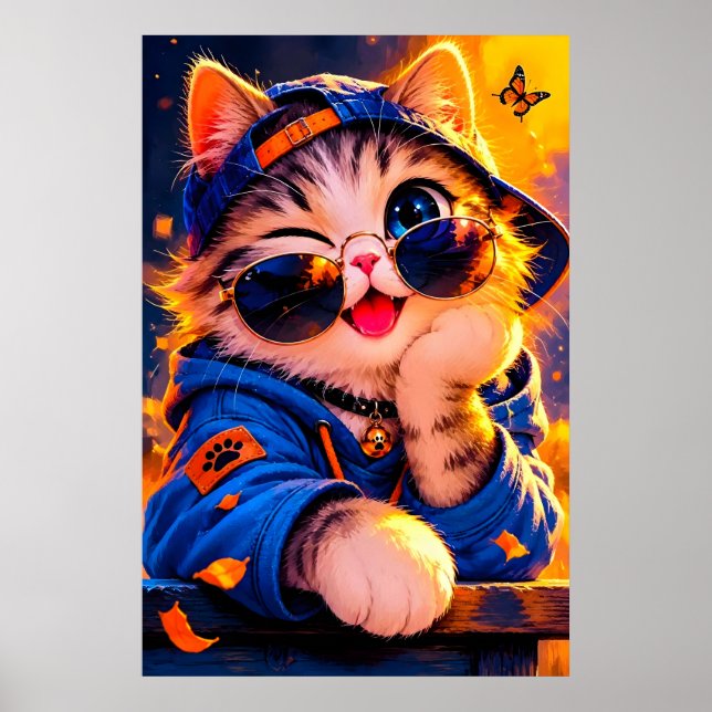 Poster Gato de desenho animado fofo usando óculos de sol (Frente)