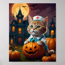 Gato de Enfermeira com abóbora de Halloween