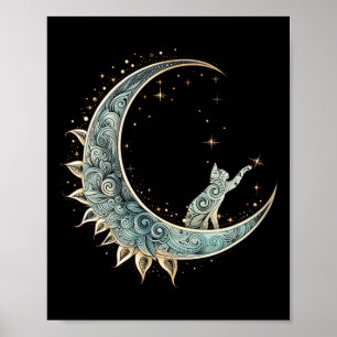 Poster Gato De Estética Mística Sentado Em Lua Crescente 