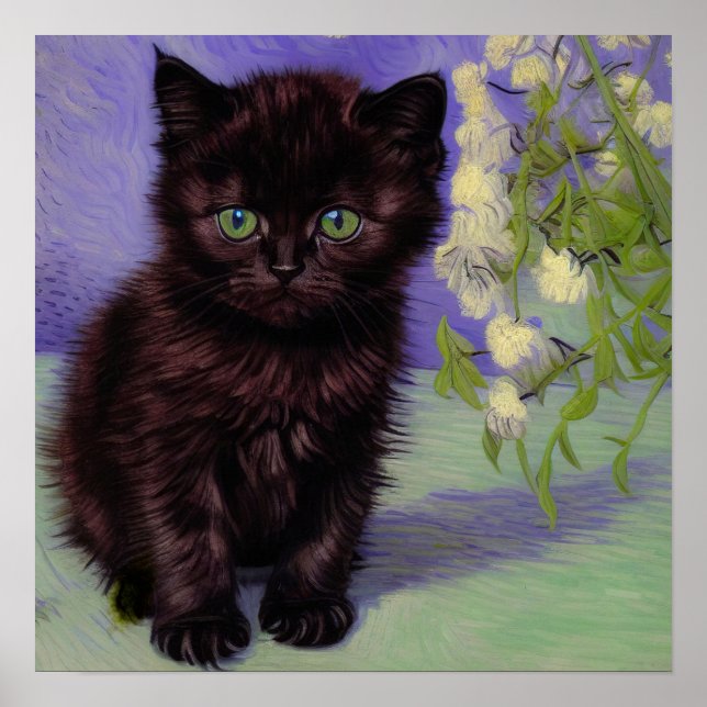 Poster Gato de estilo Van Gogh com Flores Brancas (Frente)