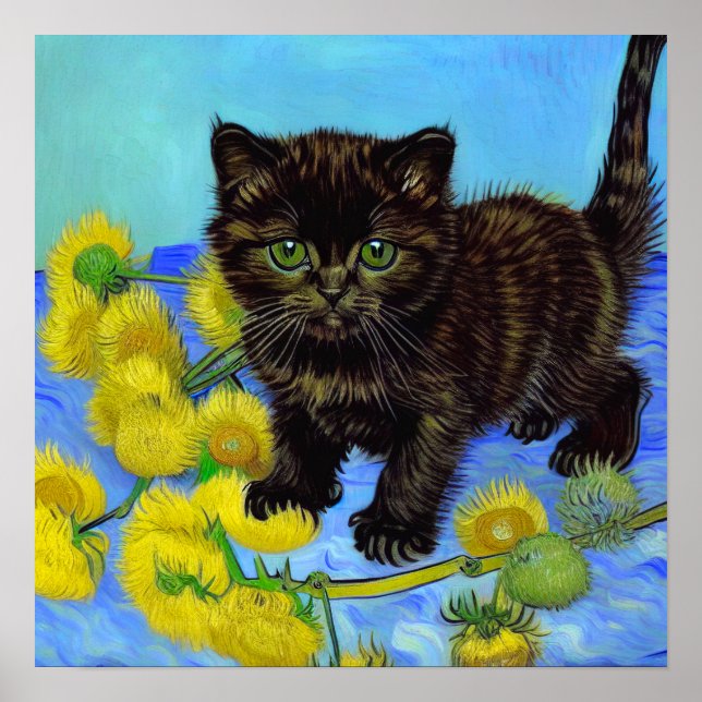 Poster Gato de estilo Van Gogh com Sunflower (Frente)