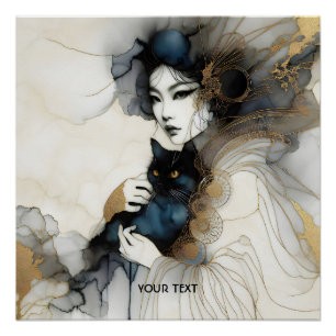 Póster Gato de Garota Japonesa Fantasy