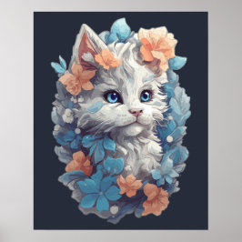 Poster Gato de Gato de Gato Floral Branco Bonito