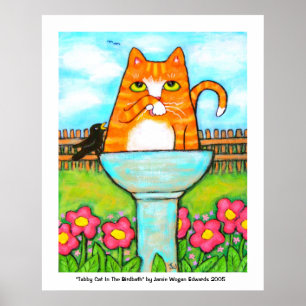 Poster Gato de gato malhado no Birdbath
