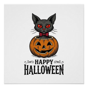 Póster Gato de Halloween Abobora Fofo Vintage Assustador_