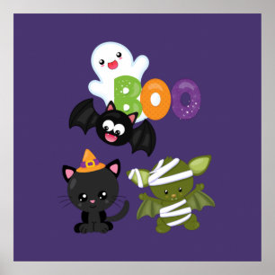 Poster Gato de Halloween, Bat, Mamã e Fantasma