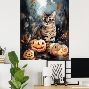 Poster Gato de Halloween Bengal com Pumpkins assustado
