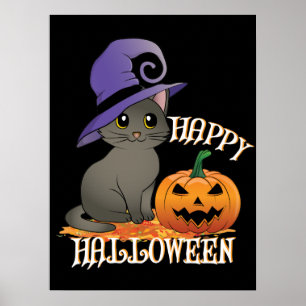 Poster Gato de Halloween com Pumpkin