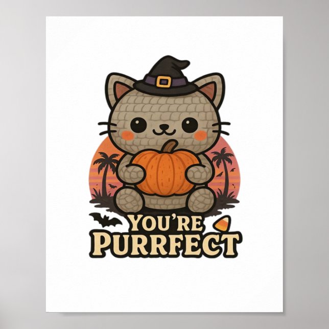 Poster Gato de Halloween de Kawaii com Abóbora, Gatinho d (Frente)