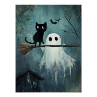 Póster Gato de Halloween e Espírito Voando na Broca