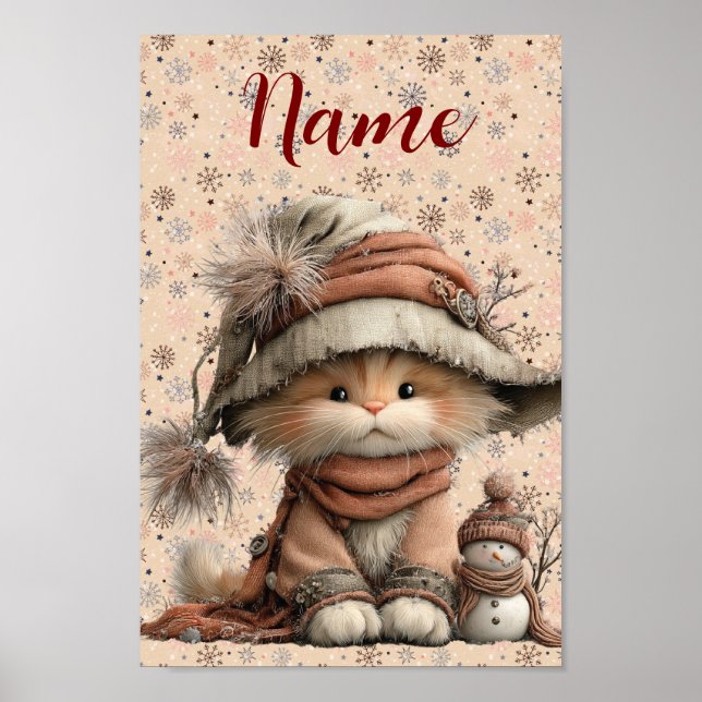 Poster Gato de inverno com flocos de neve e nome (Frente)