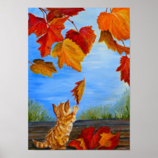 Poster Gato de laranja bonito brincando com folhas de out