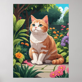 Poster Gato de laranja num jardim colorido