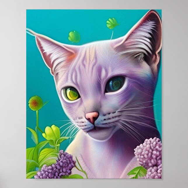 Poster Gato de Lilac Siamese em flores lilás em Teal (Frente)
