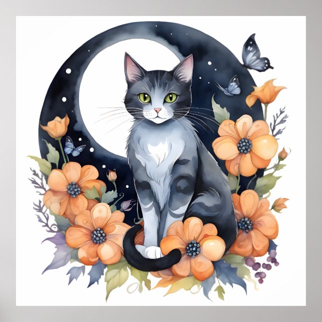 Poster Gato de Lua Floral Negro Elegante (Frente)
