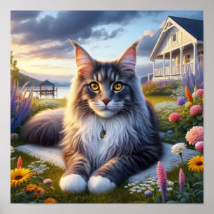 Poster Gato de Maine Coon descendo em um campo tranquilo