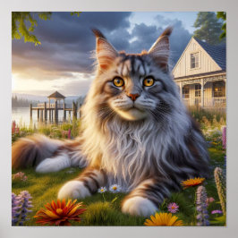 Poster Gato de Maine Coon descendo em um campo tranquilo