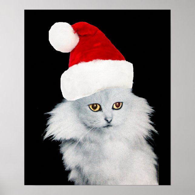 POSTER GATO DE NATAL BRANCO COM CHAPÉU DE SANTA CLAUS (Frente)