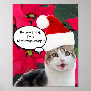 PÓSTER GATO DE NATAL COM CHAPÉU DO PAPAI NOEL E POINSETTI
