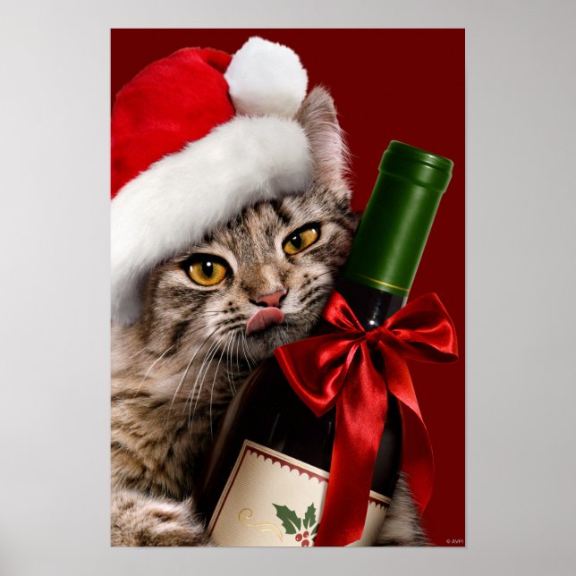 Poster Gato De Natal Com Garrafa De Vinho (Frente)