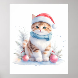 Poster Gato De Natal De Cores Aquáticas Em Santa Hat
