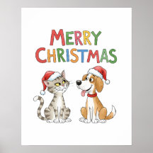 Gato de Natal e Cachorro Bonitos com Chapéus Santa