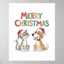 Poster Gato de Natal e Cachorro Bonitos com Chapéus Santa