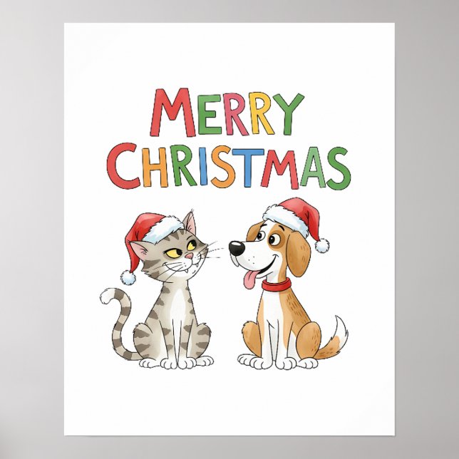 Poster Gato de Natal e Cachorro Bonitos com Chapéus Santa (Frente)