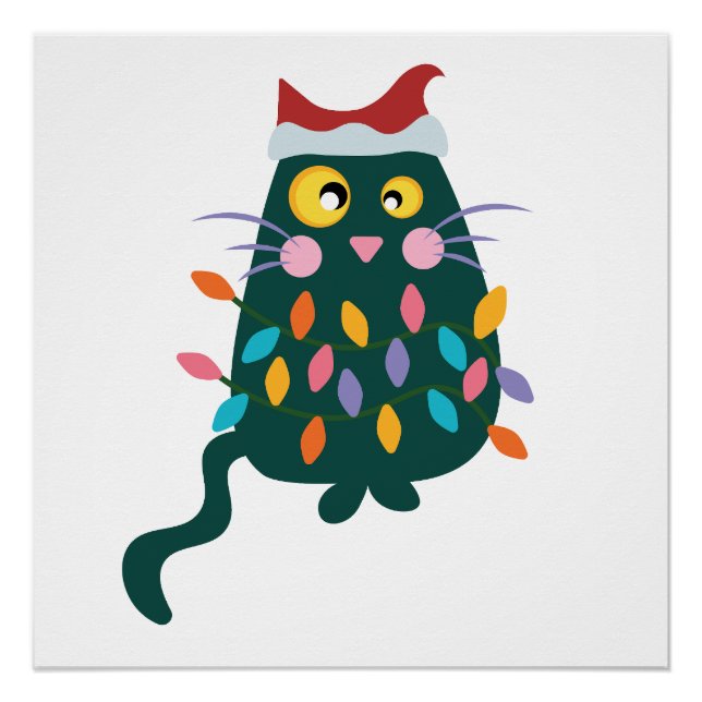 Póster Gato de Natal emaranhado em luzes (Frente)