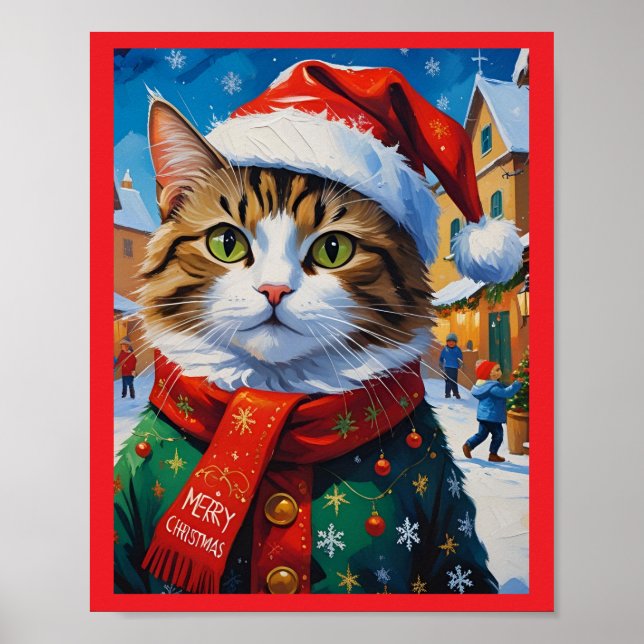 Poster Gato de Natal festivo em Santa Hat (Frente)