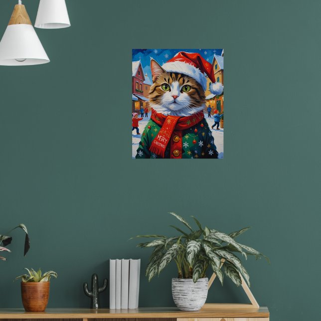 Poster Gato de Natal festivo em Santa Hat (Sala de Estar 1)