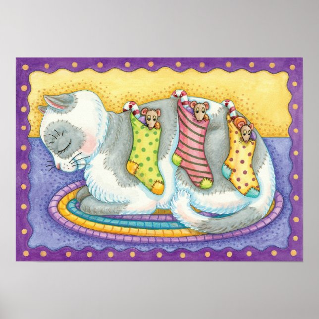 Poster Gato de Natal Fofo Dormindo com Ratos em Meias (Frente)