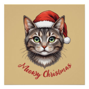Póster Gato de Natal Fofo Personalizado com Chapéu de Pap