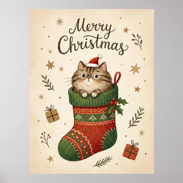 Poster Gato de Natal na Meia (Frente)