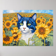 Gato de Olhos Azuis de Aquarela em Girassóis