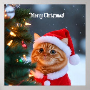 Poster Gato de Papai Noel ao lado da Árvore de Natal