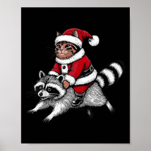 Poster Gato de Papai Noel Montado num Guaxinim Natal Home