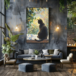 Poster Gato de Pointilismo em Windowsill à luz do sol