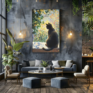 Poster Gato de Pointilismo em Windowsill à luz do sol