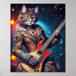 Poster Gato de rocha steampunk tocando guitarra em um pal